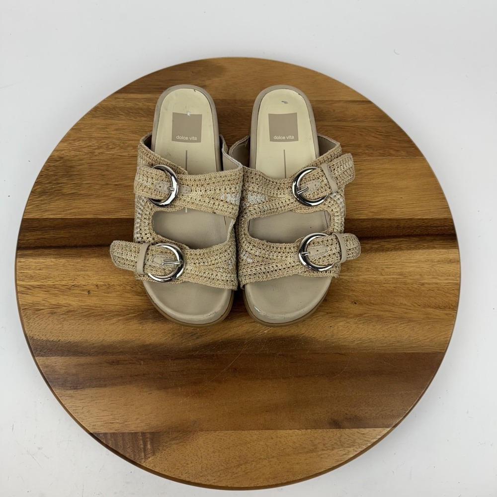 Dolce Vita Ralli Beige Crochet Double Strap Slip On Sandals Slides Size 6 M GUC